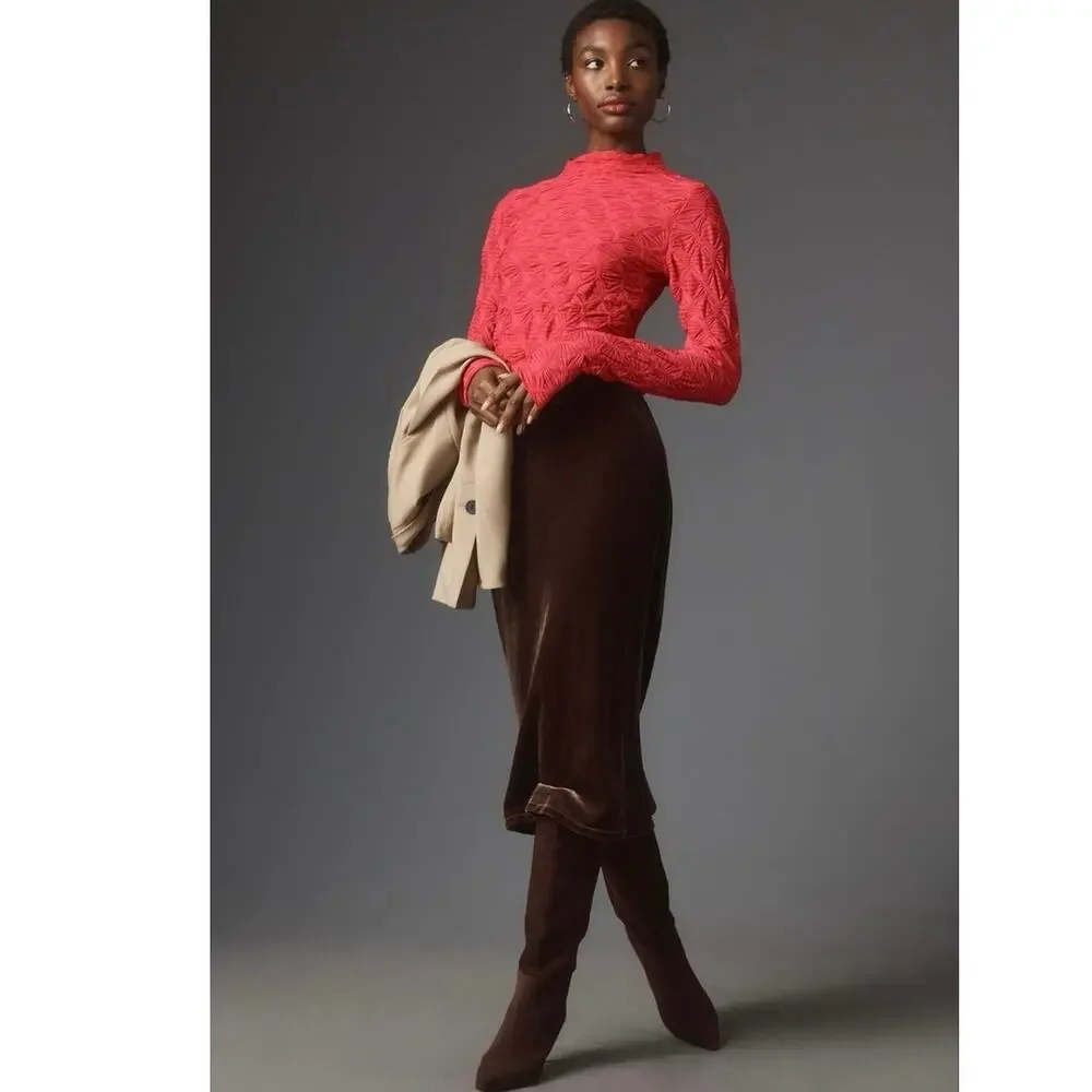 Anthropologie Textured Long Sleeve Top XL Pink Mock Neck